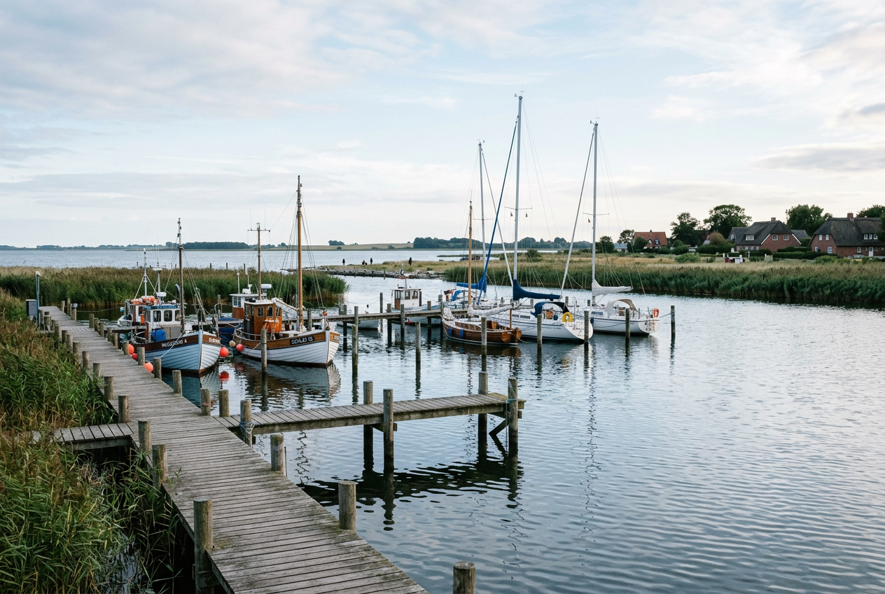 Fischerboote und Segelboote im Hafen von Maasholm an der Schlei im weichen Morgenlicht